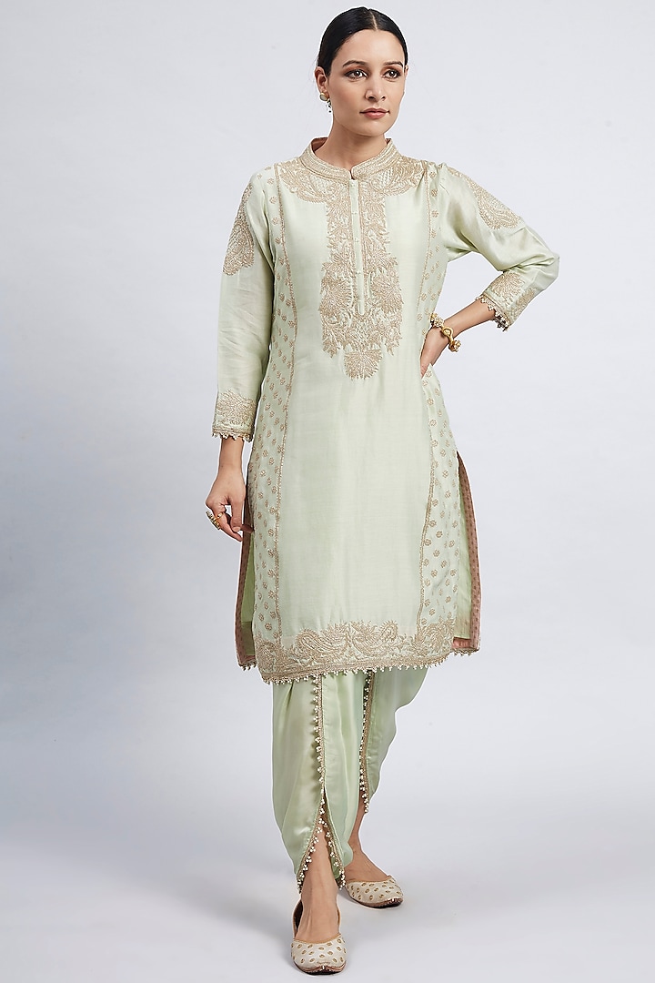 Mint Green Embroidered Kurta With Dhoti For Girls by Sheetal Batra - Kids