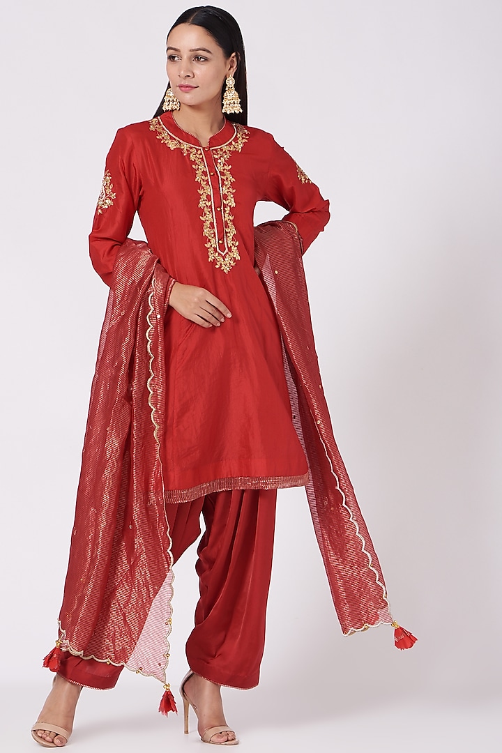 Dark Red Gota Embellished Short Kurta Set For Girls by Sheetal Batra - Kids