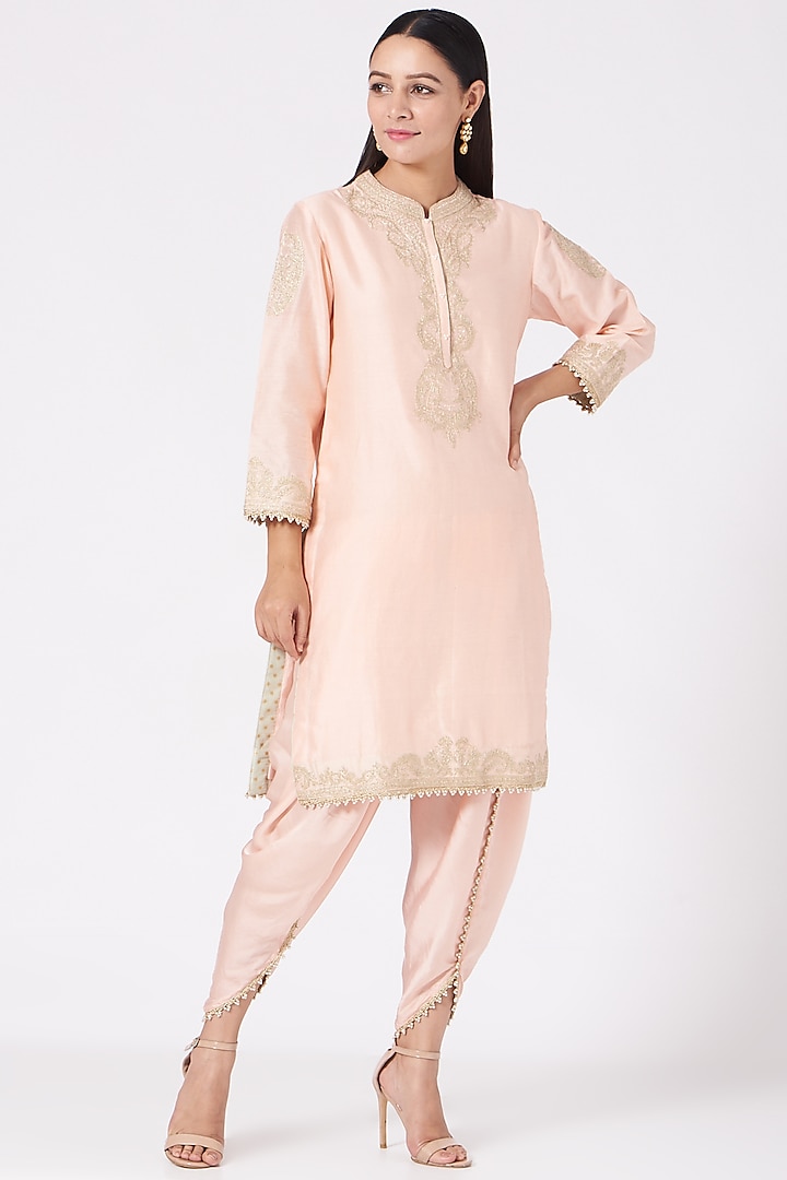 Blush Pink Embellished Short Kurta Set For Girls by Sheetal Batra - Kids