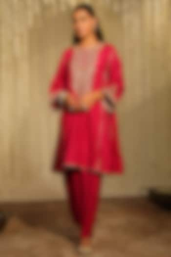 Hot Pink Pure Silk Embroidered Kalidar Kurta Set For Girls by Sheetal Batra - Kids