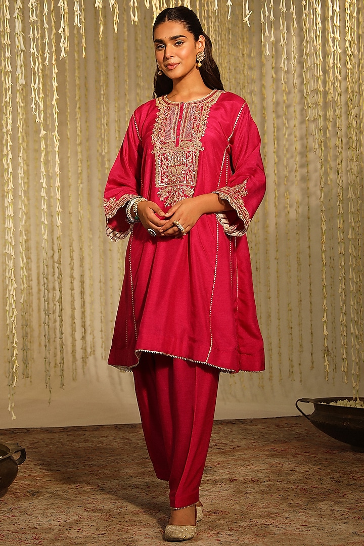 Hot Pink Pure Silk Embroidered Kalidar Kurta Set For Girls by Sheetal Batra - Kids
