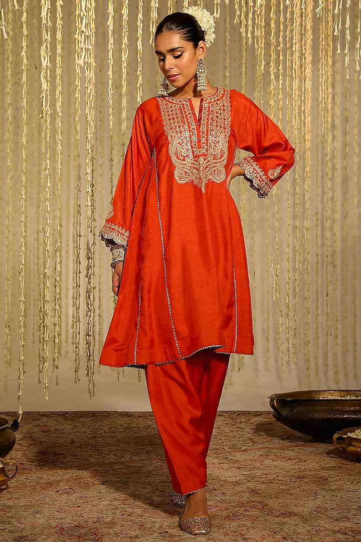 Burnt Orange Pure Silk Embroidered Kurta Set For Girls by Sheetal Batra - Kids at Pernia's Pop Up Shop