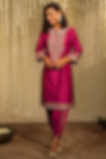 Hot Pink Bamberg Satin Dhoti Set For Girls by Sheetal Batra - Kids