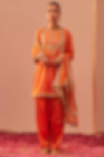 Tangerine Orange Silk Chanderi Embroidered Kurta Set For Girls by Sheetal Batra - Kids at Pernia's Pop Up Shop