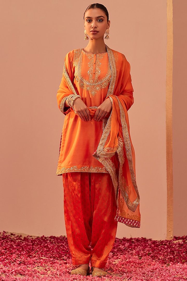 Tangerine Orange Silk Chanderi Embroidered Kurta Set For Girls by Sheetal Batra - Kids at Pernia's Pop Up Shop