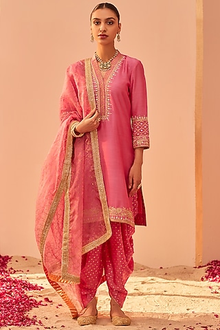Flamingo Pink Silk Chanderi Embroidered Kurta Set For Girls by Sheetal Batra - Kids