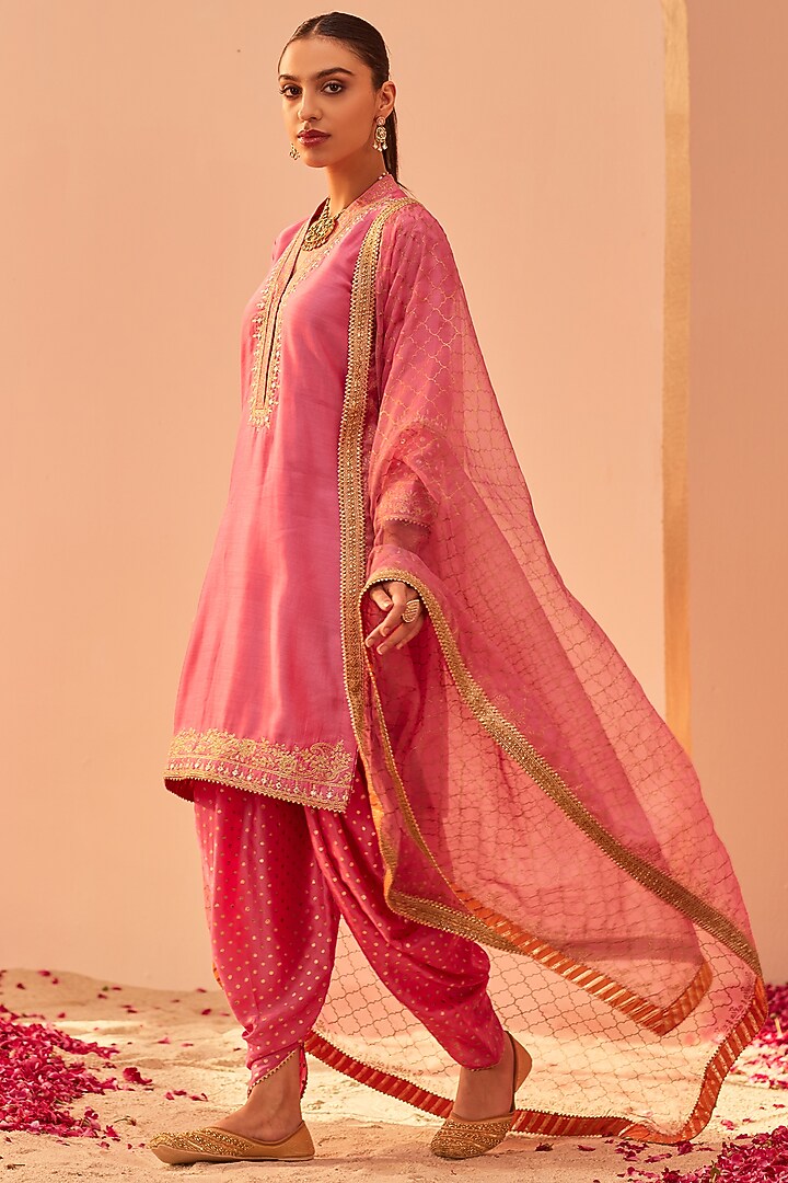 Flamingo Pink Silk Chanderi Embroidered Kurta Set For Girls by Sheetal Batra - Kids at Pernia's Pop Up Shop