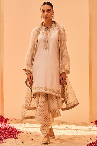 Daisy Ivory Silk Chanderi & Banarasi Embroidered Kurta Set For Girls by Sheetal Batra - Kids