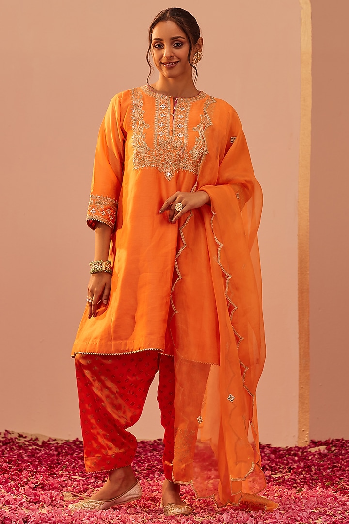 Tangerine Orange Silk Chanderi & Banarasi Embroidered Choga Kurta Set For Girls by Sheetal Batra - Kids at Pernia's Pop Up Shop