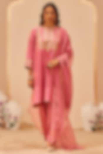 Flamingo Pink Silk Chanderi & Banarasi Embroidered Choga Kurta Set For Girls by Sheetal Batra - Kids at Pernia's Pop Up Shop