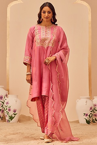 Flamingo Pink Silk Chanderi & Banarasi Embroidered Choga Kurta Set For Girls by Sheetal Batra - Kids