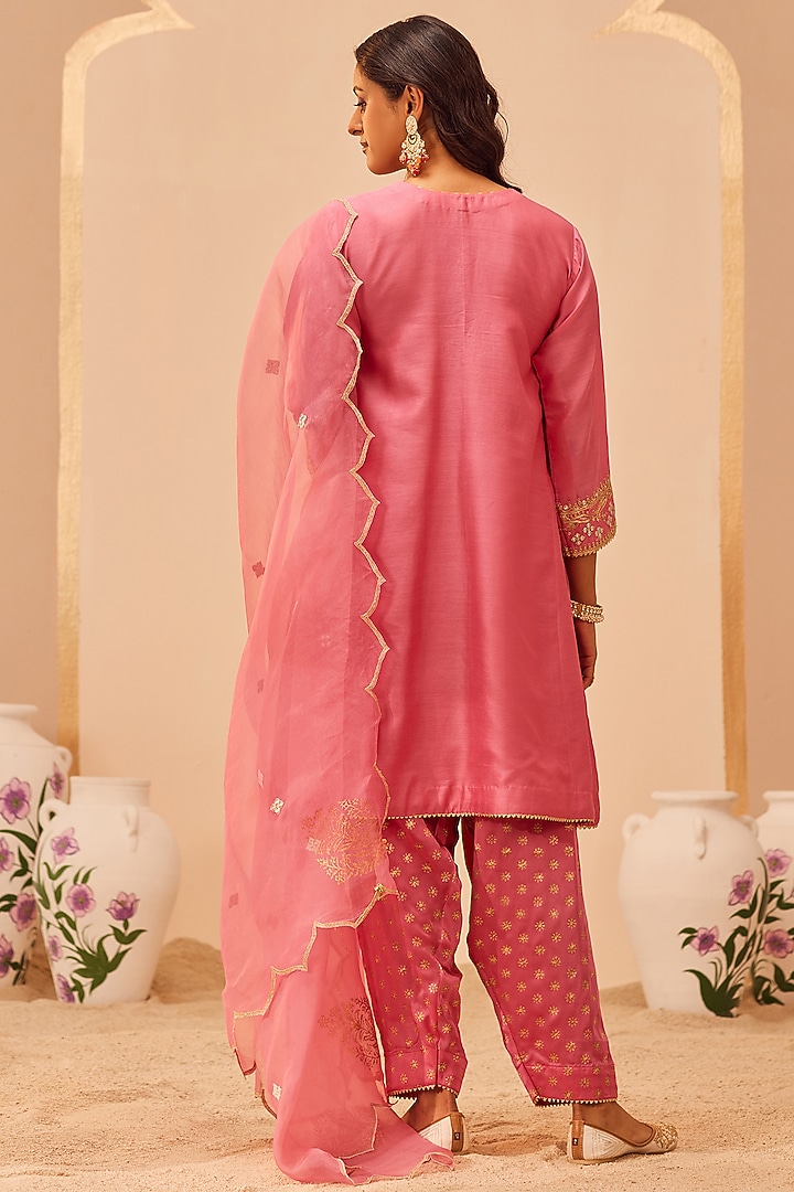 Flamingo Pink Silk Chanderi & Banarasi Embroidered Choga Kurta Set For Girls by Sheetal Batra - Kids at Pernia's Pop Up Shop