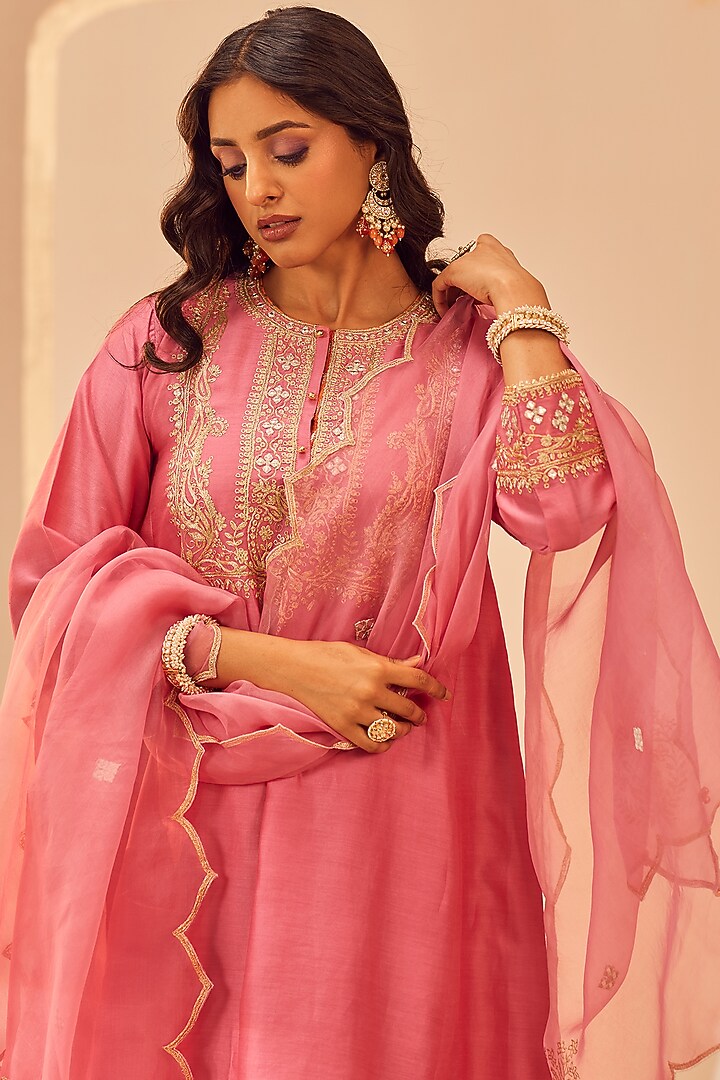 Flamingo Pink Silk Chanderi & Banarasi Embroidered Choga Kurta Set For Girls by Sheetal Batra - Kids at Pernia's Pop Up Shop