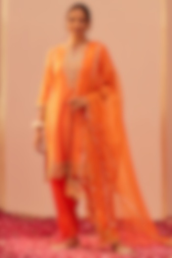 Tangerine Orange Silk Chanderi & Banarasi Embroidered Kurta Set For Girls by Sheetal Batra - Kids at Pernia's Pop Up Shop