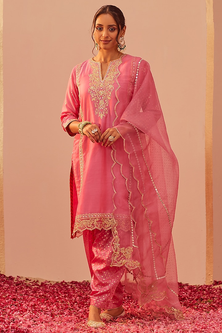 Flamingo Pink Silk Chanderi & Banarasi Embroidered Kurta Set For Girls by Sheetal Batra - Kids