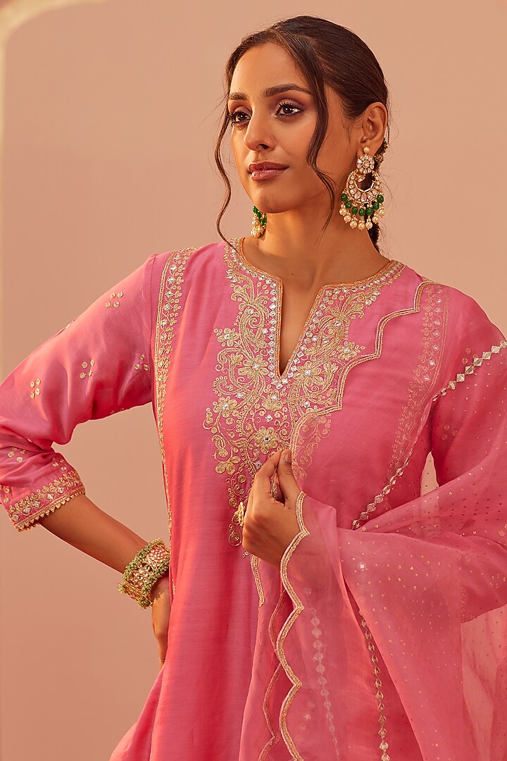 Flamingo Pink Silk Chanderi & Banarasi Embroidered Kurta Set For Girls by Sheetal Batra - Kids at Pernia's Pop Up Shop