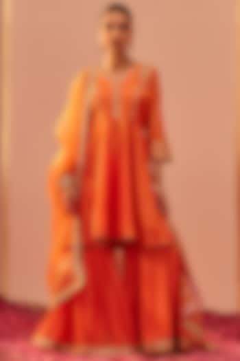 Tangerine Orange Georgette Gharara Set For Girls by Sheetal Batra - Kids at Pernia's Pop Up Shop