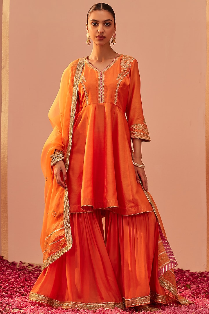 Tangerine Orange Georgette Gharara Set For Girls by Sheetal Batra - Kids at Pernia's Pop Up Shop