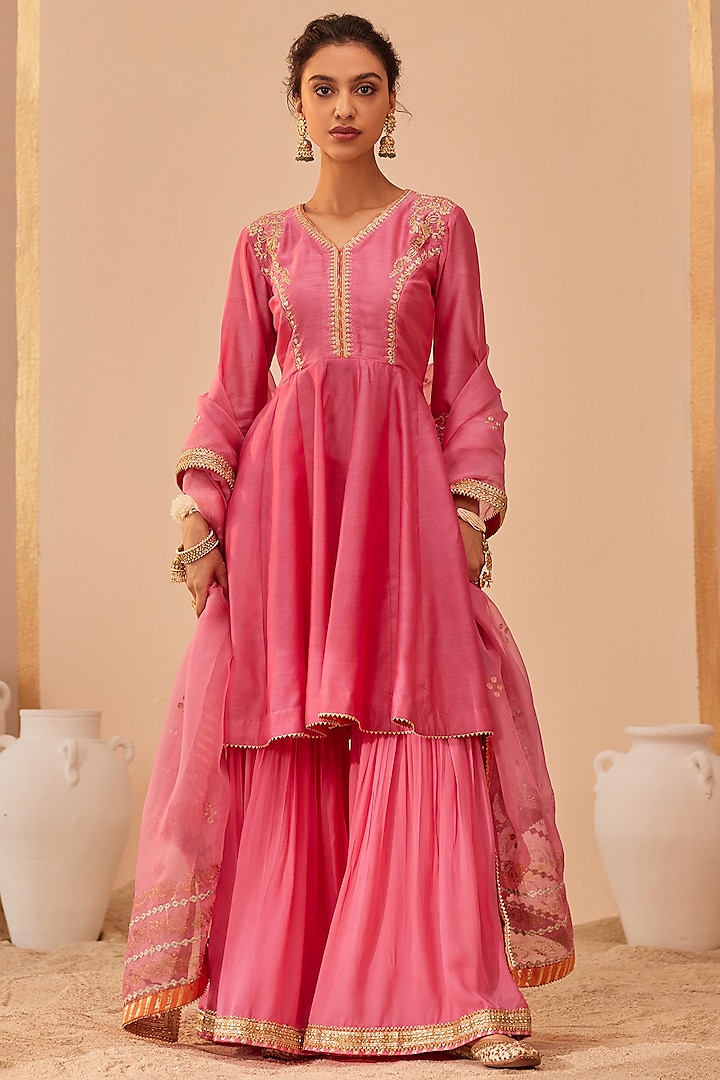 Flamingo Pink Georgette Gharara Set For Girls by Sheetal Batra - Kids at Pernia's Pop Up Shop