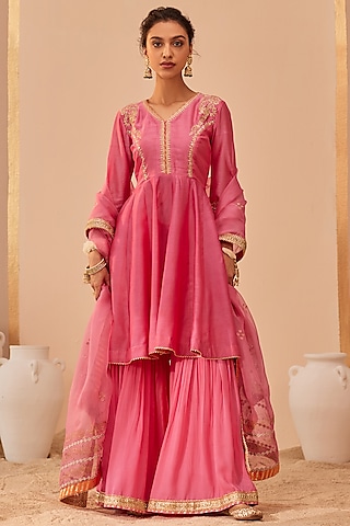 Flamingo Pink Georgette Gharara Set For Girls by Sheetal Batra - Kids