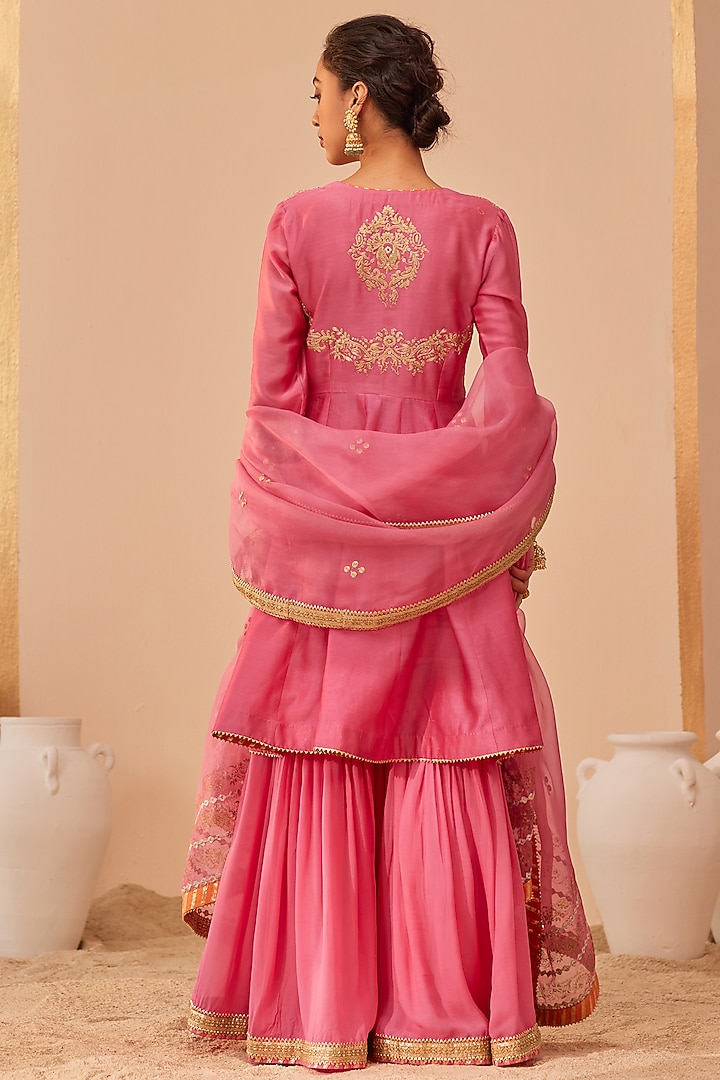 Flamingo Pink Georgette Gharara Set For Girls by Sheetal Batra - Kids at Pernia's Pop Up Shop