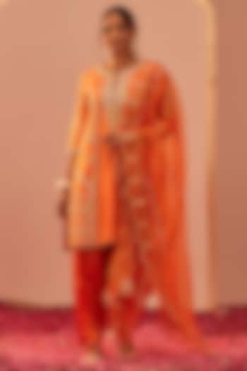 Tangerine Orange Silk Chanderi Printed & Embroidered Kurta Set For Girls by Sheetal Batra - Kids at Pernia's Pop Up Shop