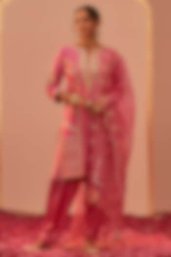 Flamingo Pink Silk Chanderi Printed & Embroidered Kurta Set For Girls by Sheetal Batra - Kids at Pernia's Pop Up Shop