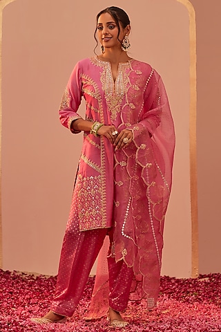 Flamingo Pink Silk Chanderi Printed & Embroidered Kurta Set For Girls by Sheetal Batra - Kids