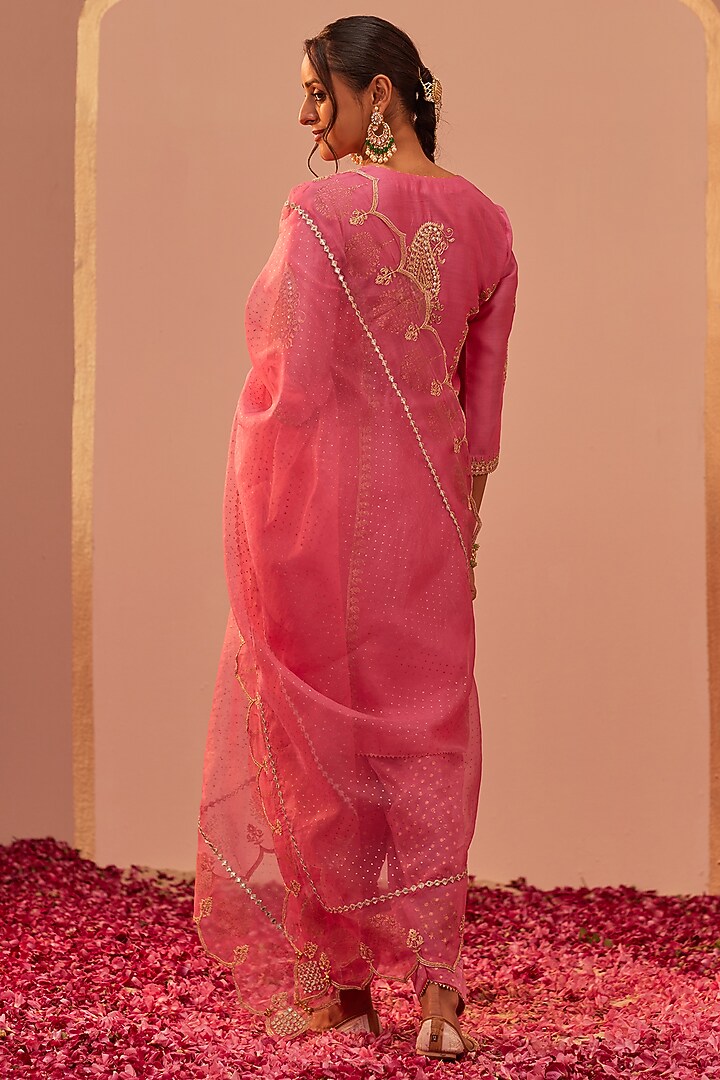 Flamingo Pink Silk Chanderi Printed & Embroidered Kurta Set For Girls by Sheetal Batra - Kids at Pernia's Pop Up Shop
