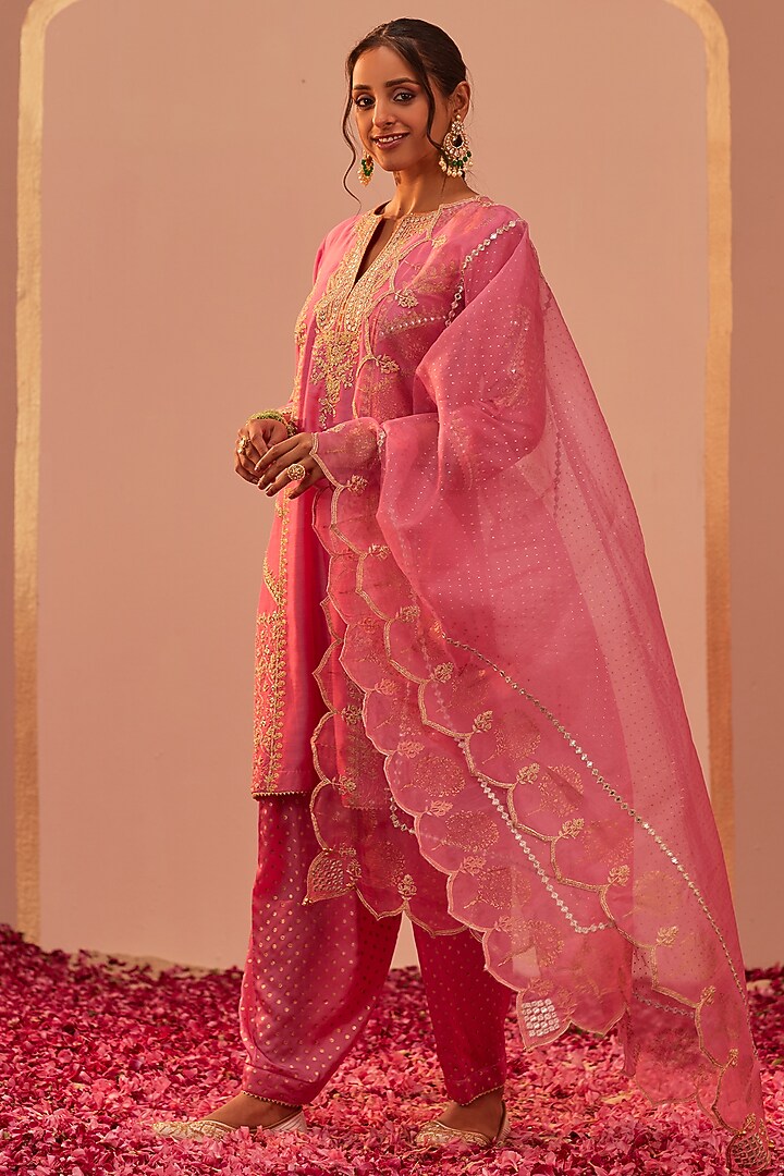 Flamingo Pink Silk Chanderi Printed & Embroidered Kurta Set For Girls by Sheetal Batra - Kids at Pernia's Pop Up Shop