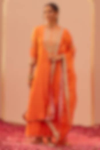 Tangerine Orange Silk Chanderi Embroidered Kurta Set For Girls by Sheetal Batra - Kids at Pernia's Pop Up Shop