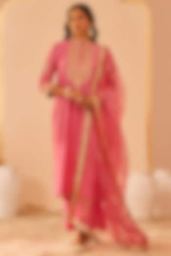 Flamingo Pink Silk Chanderi Embroidered Kurta Set For Girls by Sheetal Batra - Kids at Pernia's Pop Up Shop