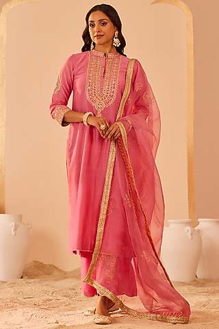 Flamingo Pink Silk Chanderi Embroidered Kurta Set For Girls by Sheetal Batra - Kids