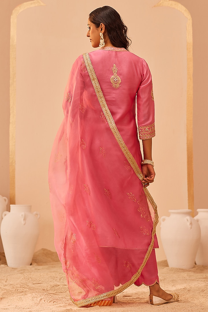 Flamingo Pink Silk Chanderi Embroidered Kurta Set For Girls by Sheetal Batra - Kids at Pernia's Pop Up Shop
