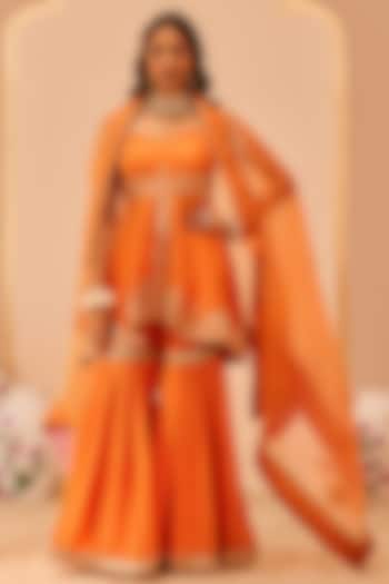 Tangerine Orange Georgette Gharara Set For Girls by Sheetal Batra - Kids
