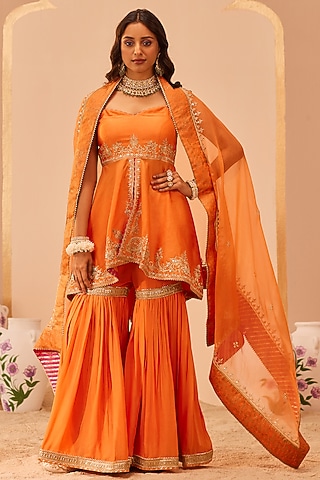 Tangerine Orange Georgette Gharara Set For Girls by Sheetal Batra - Kids