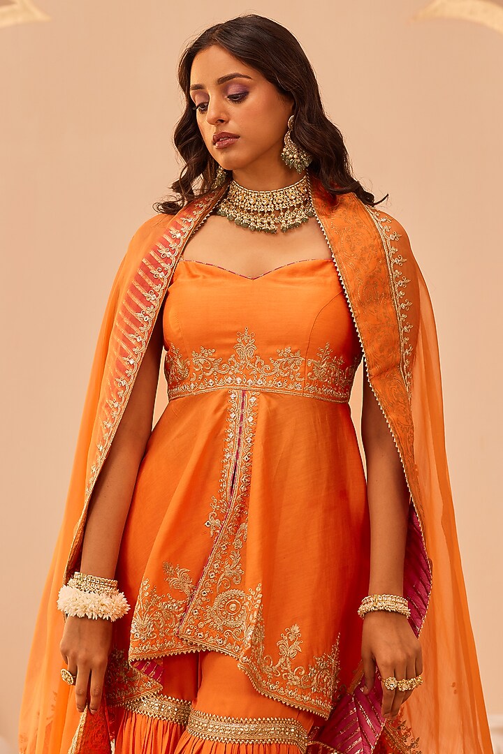 Tangerine Orange Georgette Gharara Set For Girls by Sheetal Batra - Kids at Pernia's Pop Up Shop