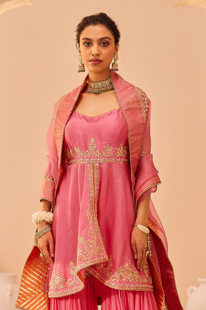 Flamingo Pink Georgette Gharara Set For Girls by Sheetal Batra - Kids at Pernia's Pop Up Shop