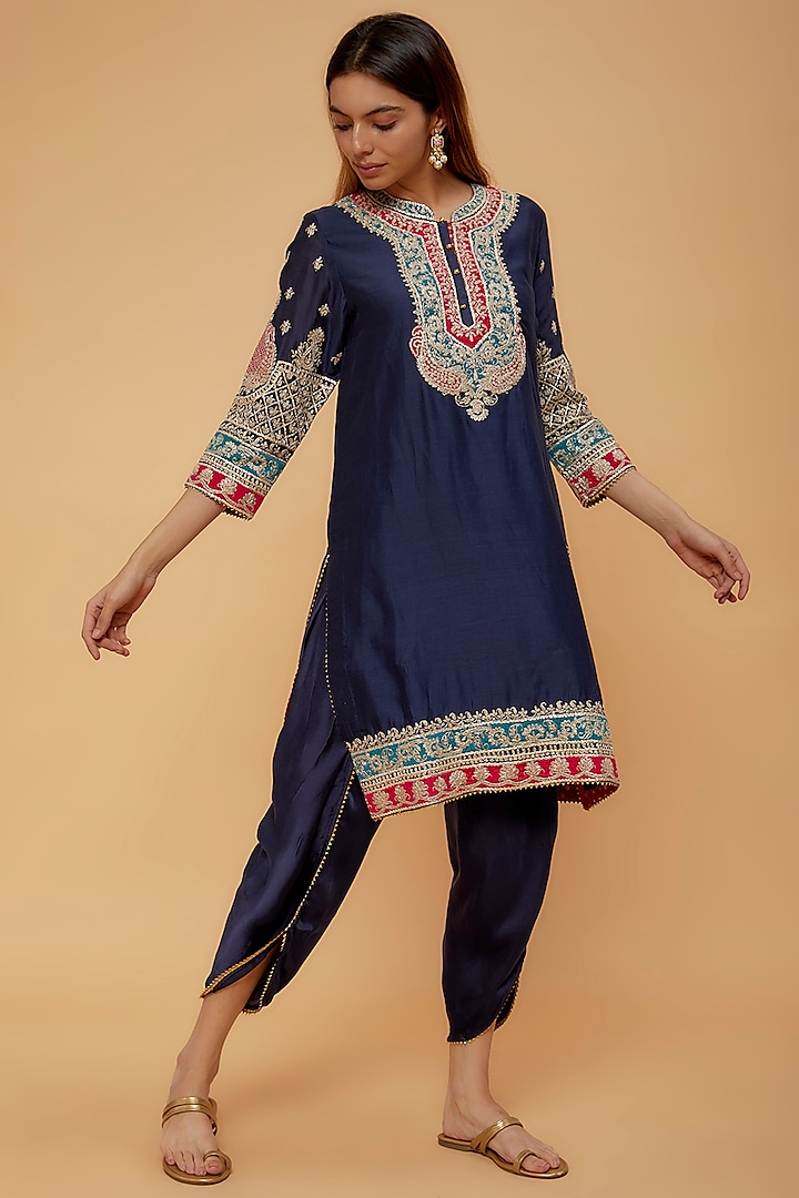 Blue Bemberg Satin Dhoti Set For Girls by Sheetal Batra - Kids at Pernia's Pop Up Shop