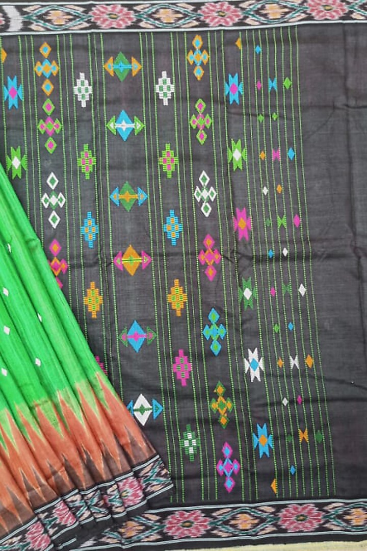 Black & Green Handwoven Tie-Dye Saree by Shibaprasad Das