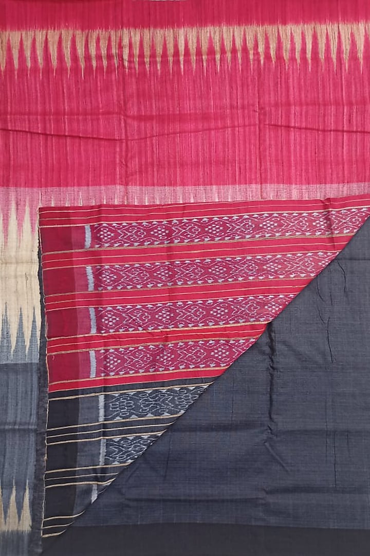 Black & Red Handwoven Tie-Dye Half & Half Saree by Shibaprasad Das