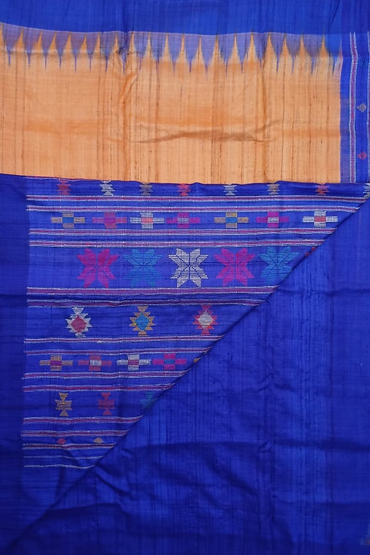 Orange & Blue Handwoven Tie-Dye Saree by Shibaprasad Das
