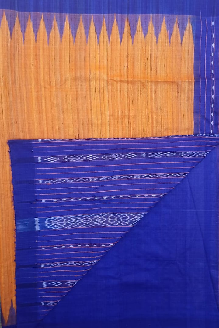 Yellow Orange & Blue Handwoven Tie-Dye Saree by Shibaprasad Das