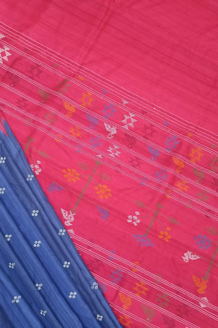 Blue & Red Motifs Handwoven Tie-Dye Saree by Shibaprasad Das