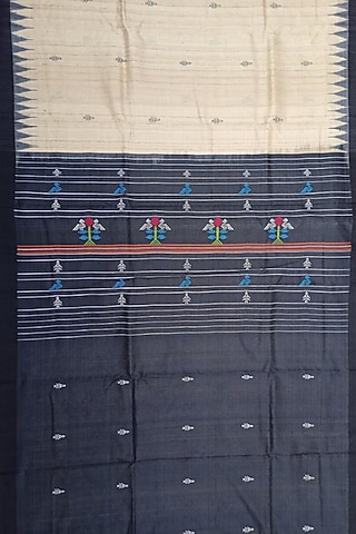 Off White & Black Handwoven Tie-Dye Saree by Shibaprasad Das