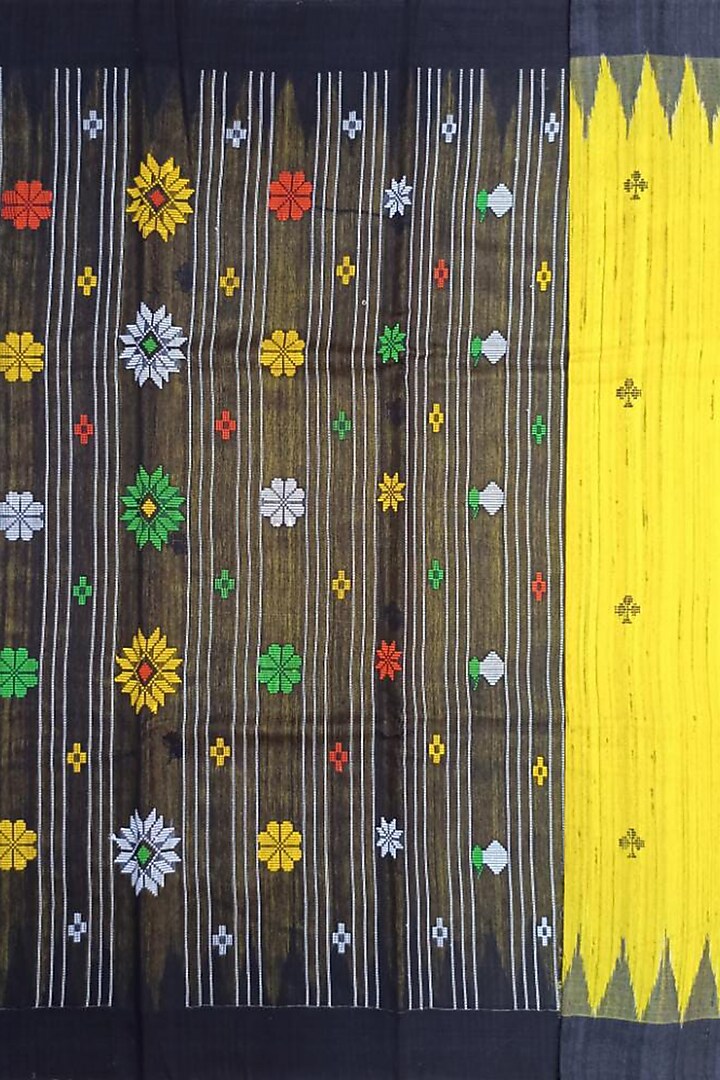 Yellow & Black Handwoven Tie-Dye Saree by Shibaprasad Das at Pernia's Pop Up Shop