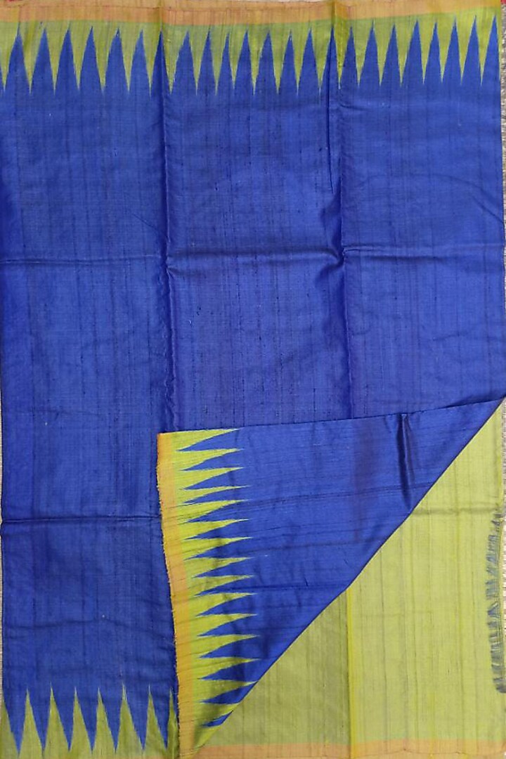 Blue & Lime Handwoven Tie-Dye Saree by Shibaprasad Das