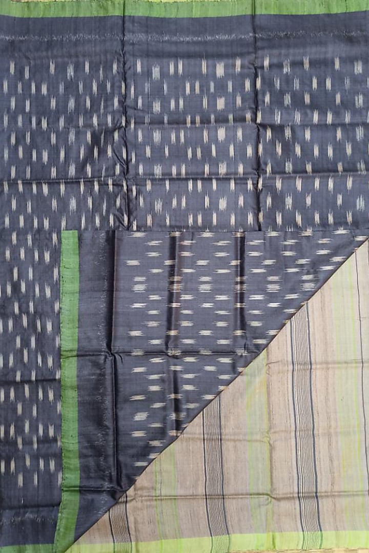 Dark Grey & Green Handwoven Tie-Dye Saree by Shibaprasad Das
