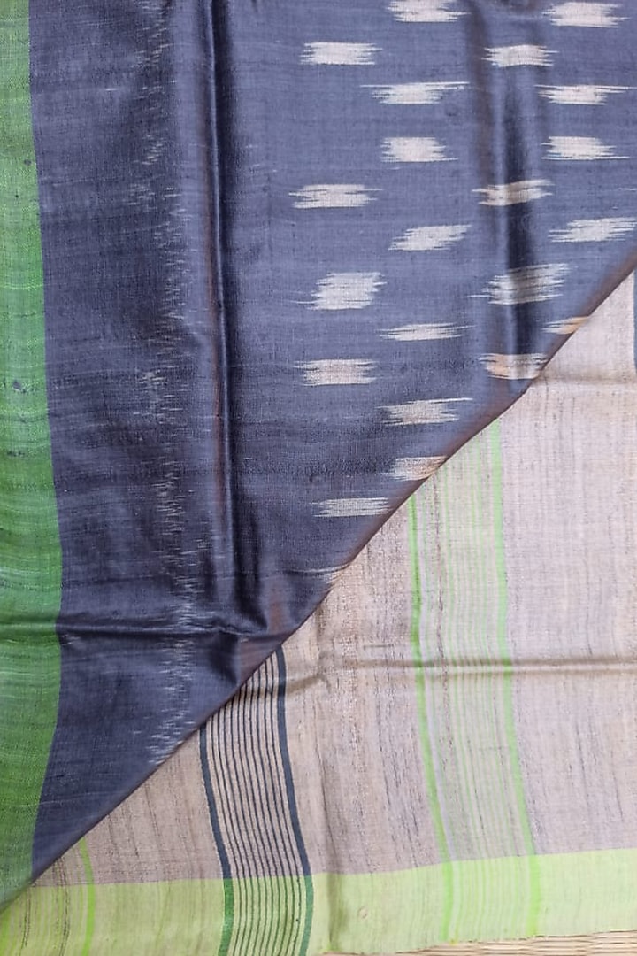 Dark Grey & Green Handwoven Tie-Dye Saree by Shibaprasad Das at Pernia's Pop Up Shop