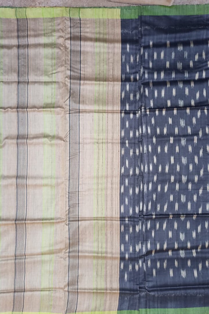 Dark Grey & Green Handwoven Tie-Dye Saree by Shibaprasad Das at Pernia's Pop Up Shop